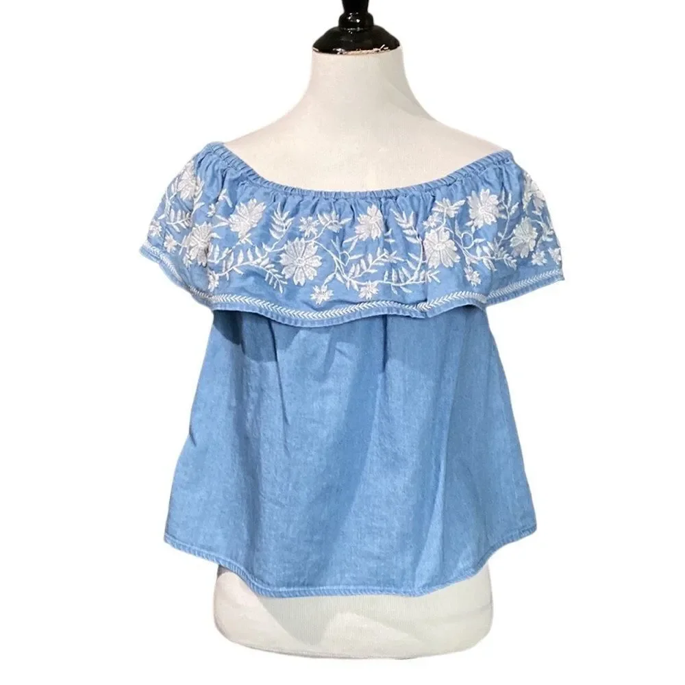 Forever 21 Off Shoulder Blouse White Floral Embroidery Chambray Denim Top